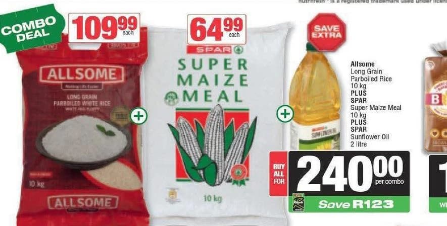 A cropped SPAR combo deal: rice, maize meal and sunflower oil, buy all for R240