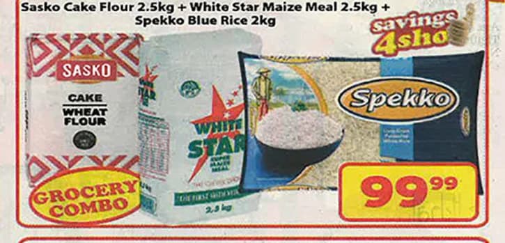 Grocery combo: Sasko Cake Flour, White Star Maize Meal and Spekko Rice for R99.99