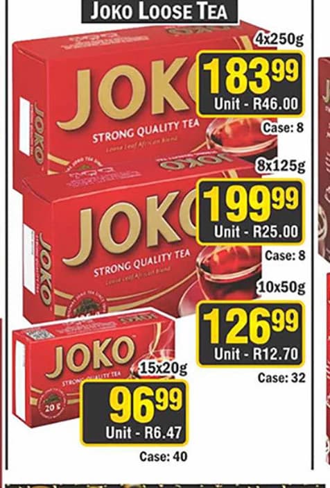 Joko Loose Tea in four pack sizes, each with its own price